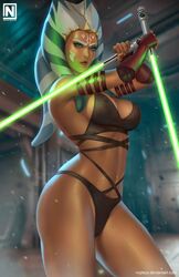 1girls ahsoka_tano alien alien_girl blue_eyes erect_nipples female female_focus female_only fully_clothed large_breasts lightsaber nopeys orange_hair panties revealing_clothes solo star_wars tagme text the_clone_wars:_season_four togruta underwear