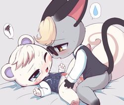 absurd_res animal_crossing anthro ass balls bangs bed bedroom_eyes big_tail blush bodily_fluids clothing cum cum_drip cum_on_balls cum_on_butt cum_on_clothing cum_on_face cum_on_self dipstick_paws domestic_cat dripping duo felid feline felis furniture genital_fluids genitals hi_res interspecies male male/male mammal marshal_(animal_crossing) messy narrowed_eyes nintendo raised_leg raised_tail raymond_(animal_crossing) rodent sciurid seductive simple_background spread_legs spreading syuya video_games