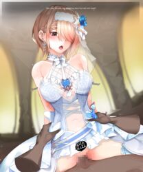 :o alternate_costume blurry blurry_background blush bouncing_breasts breasts bridal_veil bride censored cowgirl_position dark-skinned_male dark_skin dress earrings english_text eyebrows_visible_through_hair eyelashes eyes_visible_through_hair female flower gimnang glint hair_flower hair_ornament hair_over_one_eye highres honkai_(series) honkai_impact_3rd interracial jewelry large_breasts lips mole mole_under_eye mosaic_censoring nose open_mouth penis petals pov red_eyes rita_rossweisse rita_rossweisse_(vow_of_roses) sex short_hair smile solo_focus sound_effects straddling straight sweat sweatdrop torso_grab vaginal_penetration veil wedding_dress white_dress