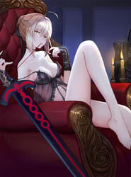 artoria_pendragon artoria_pendragon_(alter) barefoot blonde_hair candles chair excalibur_morgan fate_(series) golden_eyes hair_bun hair_ribbon legs lingerie red_ribbon thick_thighs underwear