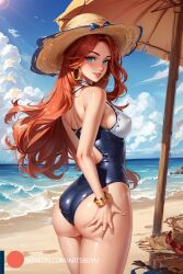 ai_generated artsbuyu ass ass_focus ass_grab beach blue_eyes covered_nipples earrings from_behind large_breasts league_of_legends miss_fortune pokies pool_party_miss_fortune pool_party_series red_hair seaside smile stable_diffusion standing straw_hat swimsuit