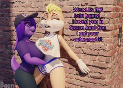 2girls 3d anthro bacn big_breasts blonde_hair blush bodily_fluids breasts closed_eyes clothed clothed_sex clothing digital_media_(artwork) duo female female/female finger_fuck fingering genital_fluids hair hand_in_another's_panties huge_breasts lagomorph leporid lola_bunny looney_tunes mammal multiple_girls open_mouth original_character penetration public pussy_juice pussy_juice_drip_through_clothes pussy_juice_stain rabbit sex smile space_jam vaginal_penetration warner_brothers yuri