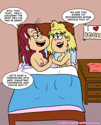 2girls after_sex agnes_johnson bed blonde_hair breasts cartoon-admirer dialogue english_text female female_only holding_hands milf multiple_girls red_hair rita_loud straight_hair text the_loud_house yuri