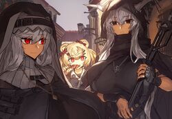 3girls arknights black_eyes blonde_hair cloak eating gummy_(arknights) habit hairclip hood horns huge_breasts looking_at_viewer massive_breasts melon22 multiple_girls necklace nun red_eyes shining_(arknights) silver_hair specter_(arknights) staff