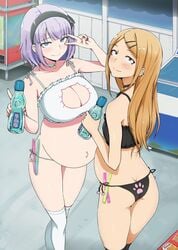 2girls ao_madou-shi black_underwear blonde_hair blue_eyes breasts brown_eyes cat_cutout cat_lingerie collar dagashi_kashi double_pregnancy drink earrings endou_saya_(dagashi_kashi) hair_ornament hairclip high_resolution large_breasts multiple_pregnancies pregnant purple_hair shidare_hotaru small_breasts thighhighs third-party_edit white_underwear