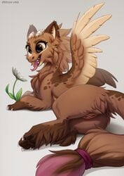 2020 amber_eyes brown_body brown_fur digital_media_(artwork) dragon feathered_dragon feathered_wings feathers female feral flower fur furred_dragon genitals hi_res horn open_mouth plant pussy simple_background solo teeth tongue wings zazush-una