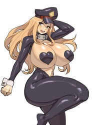 1girls black_heart_pasties black_pasties bodysuit breasts breasts_out camie_utsushimi choker exposed_breasts female hand_behind_head hat heart-shaped_pasties heart_pasties hero_outfit_(mha) huge_breasts long_hair maniacpaint my_hero_academia navel pasties shiketsu_high_school_cap simple_background solo thick_thighs wrist_cuffs