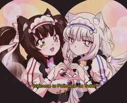 2girls :< :3 :d animal_ear_fluff animal_ears blue_eyes brown_hair cat_ears chocola_(sayori) commentary english_commentary english_text eyebrows_visible_through_hair hair_ribbon heart heart_hands heart_hands_duo highres komi_shou long_hair looking_at_viewer low_twintails maid maid_headdress multiple_girls nekopara oldschool open_mouth puffy_short_sleeves puffy_sleeves retro_artstyle ribbon short_sleeves smile subtitled twintails uniform vanilla_(sayori) white_hair white_ribbon wrist_cuffs yellow_eyes