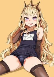 asanagi blonde_hair blue_eyes cagliostro_(granblue_fantasy) crown fangs granblue_fantasy hand_to_chest long_hair looking_at_viewer one-piece_swimsuit red_eyes small_breasts spread_legs thick_thighs thighhighs tongue