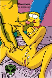 cum_in_mouth cum_on_body cumshot english_text fjm hungry marge_simpson nude_female partial_male tagme the_simpsons