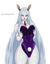 1girls blush breasts bunny_tail bunnysuit curvy female female_only holding_clothes horns lipstick naruto naruto_shippuden nexus-sig nude otsutsuki_kaguya pale_skin red_lips simple_background talking text thick_thighs very_long_hair violet_eyes white_background white_hair white_skin