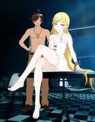 1boy 1girls araragi_koyomi blonde_hair extremely_long_hair kizumonogatari legs monogatari_(series) oshino_shinobu sbel02 tagme