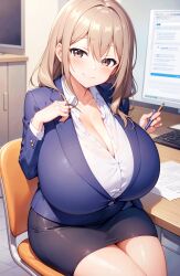 ai_generated beige_hair breasts_bigger_than_head brown_eyes gigantic_breasts huge_breasts katase_shiori long_hair massive_breasts mature_female milf milkersenjoyer my_tiny_senpai office_lady seductive_eyes seductive_smile shortstack thick_thighs thighs uchi_no_kaisha_no_chiisai_senpai_no_hanashi