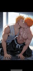 2boys ai_generated bleach bleach:_the_thousand-year_blood_war blushing cum_on_chest eyes_closed gay gay_sex half-dressed hand_on_hip ichigo_kurosaki kimono kissing kurosaki_ichigo male_only muscles muscular_male no_shirt passionate_kiss selfcest sweating wet_shirt yaoi yukata