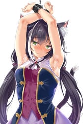 absurdres animal_ear_fluff animal_ears armpits arms_up bangs bare_shoulders black_hair blush bondage bound bound_arms breasts cat_ears cat_girl cat_tail chained chains cle_masahiro closed_mouth cowboy_shot cum cum_on_body cum_on_upper_body dress eyebrows_visible_through_hair fantia_reward female green_eyes highres kyaru_(princess_connect) long_hair looking_at_viewer low_twintails multicolored multicolored_clothes multicolored_dress multicolored_hair oerba_yun_fang paid_reward princess_connect! simple_background skin_fang sleeveless sleeveless_dress small_breasts solo streaked_hair tail twintails very_long_hair wavy_mouth white_background white_hair