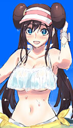 1girls 2020 alternate_outfit arm_up armpits bangs bare_arms bare_shoulders bikini bikini_top blue_eyes blue_sky blush bracelet breasts bright_pupils brown_hair cleavage collarbone double_bun eyebrows_visible_through_hair female female_only hair_between_eyes highres human jewelry long_hair medium_breasts midriff navel nintendo ooshio7734 partially_submerged pokemon pokemon_bw2 rosa_(pokemon) sky solo swimsuit tied_hair twintails underboob very_long_hair visor_cap water wet white_bikini white_bikini_top white_pupils wristband