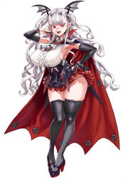 armpits asanagi big_breasts cape curvy draculina_(last_origin) fangs high_heels huge_breasts last_origin looking_at_viewer miniskirt official_art pale-skinned_female pale_skin panties pointy_ears red_eyes silver_hair thick_thighs thighhighs vampire