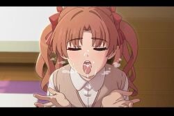 1girls after_ejaculation bow brown_hair brown_sweater_vest closed_eyes collared_shirt cum cupping_hands english_commentary facial facing_viewer female female_only hairbow hands_up highres indoors long_hair open_mouth own_hands_together paid_reward_available pov red_bow school_uniform shirai_kuroko shirt short_sleeves sleepy_frippy solo summer_uniform sweater_vest teeth to_aru_kagaku_no_railgun to_aru_majutsu_no_index tokiwadai_school_uniform tongue tongue_out twintails upper_teeth_only white_shirt