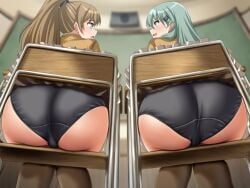 2girls absurdres ass black_panties brown_hair brown_skirt brown_thighhighs chair classroom frilled_skirt frills from_behind green_eyes green_hair hair_ornament hairclip highres indoors kantai_collection kumano_(kantai_collection) kumano_kai_ni_(kantai_collection) long_hair miniskirt multiple_girls panties ponytail school_chair school_uniform sitting skirt suzuya_(kantai_collection) suzuya_kai_ni_(kantai_collection) thighhighs underwear variant_set zanntetu