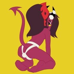 1:1 anthro backless_panties breasts bulge clothed clothing demon flat_colors gynomorph helluva_boss hi_res imp intersex jockstrap kamikiller rear_view red_body red_skin sallie_may_(helluva_boss) solid_color_background solo spade_tail tail topless underwear yellow_background