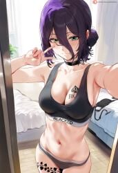 1girls ai_generated armpits bedroom blacked blacked_clothing chainsaw_man green_eyes himeno peace_sign qos qos_tattoo queen_of_spades queen_of_spades_symbol queen_of_spades_tattoo reze_(chainsaw_man) selfie smile spade spade_tattoo spade_vine_tattoo standing tattoo vine_tattoo