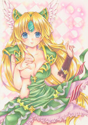 blonde_hair blue_eyes breasts covering_breasts female large_breasts looking_at_viewer riesz seiken_densetsu seiken_densetsu_3 smile solo tagme torn_clothes torn_clothing trials_of_mana