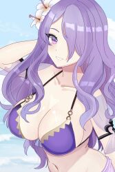 1girls :d alternate_costume bikini breasts camilla_(fire_emblem) camilla_(summer)_(fire_emblem) collarbone female female_only fire_emblem fire_emblem_fates fire_emblem_heroes flower hair_flower hair_ornament hair_over_one_eye highres large_breasts long_hair looking_at_viewer n_54 navel nintendo official_alternate_costume purple_bikini purple_eyes purple_hair purple_swimsuit smile solo swimsuit upper_body