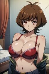 ai_generated aindroidparanoid bra brown_eyes brown_hair huge_breasts stable_diffusion undressing yu-gi-oh! yu-gi-oh!_vrains zaizen_aoi