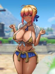 1girls artoria_pendragon big_breasts big_thighs blonde_hair blue_eyes blush breasts busty dark-skinned_female dark_skin daylight fate/grand_order fate_(series) female huge_breasts huge_thighs large_breasts large_thighs ldukem69 leopard_print leopard_print_bikini navel smile tanned tanned_female tanned_girl tanned_skin thick_thighs thighs voluptuous