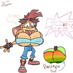 bandicoot big_breasts blazin_fox breast_expansion breasts busty_boy crash_(series) crash_bandicoot furry huge_breasts male_with_breasts tagme wumpa_fruit