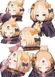 1boy 1girls :>= abigail_williams_(fate/grand_order) absurdres bandaid_on_forehead bangs black_bow black_jacket blonde_hair blue_eyes bow breasts closed_eyes clothed_female_nude_male crossed_bandaids cum ejaculation erection facial fate/grand_order fate_(series) fellatio female forehead hair_bun hairbow handjob heavy_breathing heroic_spirit_traveling_outfit highres jacket keyhole kunabishi licking_penis long_hair looking_at_viewer male_pov multiple_bows multiple_views open_mouth oral orange_belt orange_bow parted_bangs penis pov simple_background sleeves_past_wrists small_breasts smile straight third_eye tongue tongue_out white_background