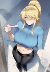 1girls ai_generated bare_thighs big_breasts blonde_hair blue_eyes blush clothed clothing color female female_focus female_only hi_res large_breasts light-skinned_female light_skin long_hair looking_at_viewer meepking metroid pregnancy_test pregnant samus_aran solo solo_female tagme thick_thighs