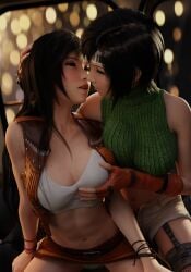 2girls 3d 3d_model abs alternate_costume belly_button billyhhyb black_hair blush breast_grab breasts brown_eyes brown_hair cowgirl cowgirl_outfit female_only final_fantasy final_fantasy_vii final_fantasy_vii_remake green_clothing headband holding_head imminent_kiss long_hair midriff multiple_girls pantyshot red_eyes short_hair shorts skirt tifa_lockhart vest white_topwear yuffie_kisaragi yuri