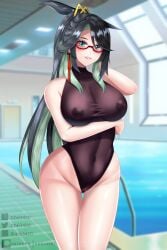 absurdres aqua_eyes arm_under_breasts black_eyes black_one-piece_swimsuit blurry blurry_background bodysuit breasts cloud_retainer_(genshin_impact) colored_inner_hair covered_erect_nipples cowboy_shot d.d.g_(ddg3420) female genshin_impact glasses gluteal_fold grin hair_ornament highleg highleg_swimsuit highres indoors large_breasts long_hair looking_at_viewer mature_female multicolored_hair one-piece_swimsuit parted_lips pixiv_username ponytail pool red-framed_eyewear semi-rimless_eyewear smile solo swimsuit thigh_gap tsurime turtleneck turtleneck_one-piece_swimsuit under-rim_eyewear wide_hips xianyun_(genshin_impact)