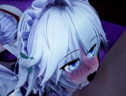 1boy 2girls 3d animated ass blue_eyes fellatio grey_hair izayoi_sakuya longer_than_30_seconds maid maid_headdress mmd mokomoko1gou mosaic_censoring no_sound oral penis pov remilia_scarlet sakuya_izayoi straight tagme touhou video