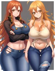 ai_generated clothed denim erza_scarlet fairy_tail female female_only huge_breasts nami nami_(one_piece) one_piece open_pants post-timeskip thong_straps whale_tail zarazin