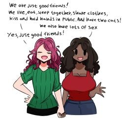 2girls big_breasts black_eyes black_hair chocolate_and_vanilla closed_eyes cowboy_shot dark-skinned_female dark_skin english_dialogue english_text fig_(murgoten) flat_chest freckles gal_pals green_sweater hand_on_hip holding_hands light-skinned_female light_skin magenta_hair medium_breasts melona_(murgoten) mole murgoten no_homo red_tank_top simple_eyes smile sweater talking text yuri