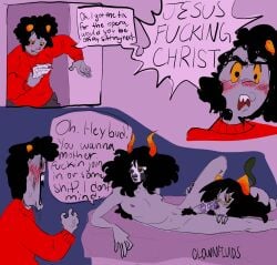 2boys1girl ass_up between_thighs blush body_hair chubby_female clownfluids comic couple cursing dialogue dick_sucking facepaint flustered flustered_male green_tail grey_body grey_skin hands_on_thighs homestuck homestuck_troll horns implied_sex implied_threesome interuption kankri_vantas kurloz_makara laying_on_side long_hair meulin_leijon naked naked_female naked_male offering_sex offering_to_another pubes purple_penis roommates saliva_on_penis saliva_trail shocked_expression skinny_male sucking_penis text_bubble troll unfazed walked_in_on