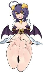 ahoge barefoot breasts corset demon_horns feet female foot_fetish foot_focus foot_pussy full_body hair_between_eyes heart heart_ahoge highres hiiragi_utena horns large_breasts low_wings magia_baiser mahou_shoujo_ni_akogarete open_mouth pasties purple_corset purple_hair short_hair shrug_(clothing) signature simple_background sitting smile softhanten soles solo star-shaped_pupils star_(symbol) star_pasties symbol-shaped_pupils teeth toes upper_teeth_only white_background wings yellow_eyes