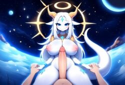 1boy ai_generated cosmic_background deity divine_slut diviner dragon erection female furry goddess halo imminent_sex interlocked_fingers large_breasts looking_at_viewer novelai nude original original_character space thick_thighs