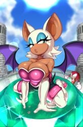 1girls bat_wings big_breasts breasts cleavage emerald_(gem) eyelashes green_eyes hands_on_floor huge_breasts knuckles_the_echidna legs_apart lipstick_mark looking_at_viewer mekaatomic rouge_the_bat sonic_(series) sonic_the_hedgehog_(series) thick_thighs white_hair wings