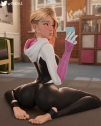 3d 3d_(artwork) 5_fingers ass ass_focus asymmetrical_hair back_view barefoot blonde_female blonde_hair blue_eyes blue_toenails clothed_female cute feet female gwen_stacy gwen_stacy_(spider-verse) light-skinned_female light_skin marvel marvel_comics multicolored_hair one_eye_closed petite piercing piercings pink_socks selfie selfie_pose skinny skinny_female socks soles solo solo_female solo_focus spider-gwen spider-man:_across_the_spider-verse spider-man:_into_the_spider-verse spider-man_(series) stirrup_legwear superhero superhero_costume superheroine teenage_girl teenager tight_clothing toeless_legwear toenail_polish toes tongue tongue_out wtfsths