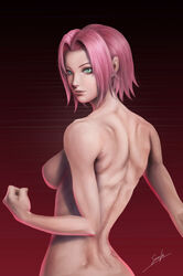 1girls back_view breasts clenched_fist clenched_hand female female_only green_eyes looking_at_viewer muscles naruto naruto_shippuden pink_hair red_background sakura_haruno short_hair sideboob sirenlin solo upper_body