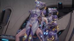 1boy 3d 3girls animated athletic_female blender blue_eyes clone female fiishdude human human_on_robot human_penetrating humanoid male medium_breasts mirage_(warframe) mirage_prime_(warframe) multiple_girls narrow_hips operator_(warframe) prime_warframe purple_body robot robot_girl sound straight thigh_sex video warframe