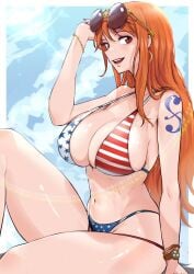 1girls american_flag american_flag_bikini american_flag_swimsuit bikini bracelet breasts brown_eyes clouds earrings female female_only hoop_earrings large_breasts long_hair looking_at_viewer midriff nami navel one_piece orange_hair outside painted_fingernails post-timeskip shiny_skin sky sunglasses sunglasses_on_head swimsuit tattoo tattoo_on_arm vialnite