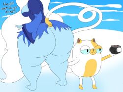 2girls adventure_time ass big_ass big_butt blue_skin bottomless breasts butt cake_the_cat camera cartoon_network fat_ass fat_butt feline female female_only huge_ass huge_butt ice_queen_(adventure_time) itsme_hilo lifting_dress multiple_girls nipples text thick_ass thick_butt warner_brothers white_hair