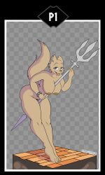 absurd_res anthro blue_eyes bracelet breasts canid canine canis dragon female fur hi_res hybrid jack_(jackwolf) jewelry mammal melee_weapon mrferret mythological_creature mythological_scalie mythology nipples nude polearm raised_tail scalie solo tagme tail tan_body tan_fur trident weapon wolf