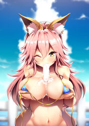 between_breasts bikini breast_hold breasts fate/grand_order fate_(series) female female_only fox_ears large_breasts navel pink_hair popsicle popsicle_between_breasts solo sucking suggestive_food tamamo_no_mae_(fate) untied_bikini wink yellow_eyes