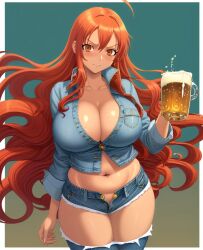 ai_generated beer beer_mug denim_shirt denim_shorts female female_only ginger huge_breasts huge_cleavage nami nami_(one_piece) no_background one_piece post-timeskip shirt zarazin