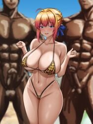 1girls 2boys abs artoria_pendragon big_breasts big_thighs blonde_hair blue_eyes blush breasts busty completely_nude completely_nude_male dark-skinned_male dark_skin daylight fate/grand_order fate_(series) female huge_breasts huge_thighs large_breasts large_thighs ldukem69 leopard_print leopard_print_bikini light-skinned_female light_skin male multiple_penises muscular muscular_male navel nude nude_male smile thick_thighs thighs voluptuous